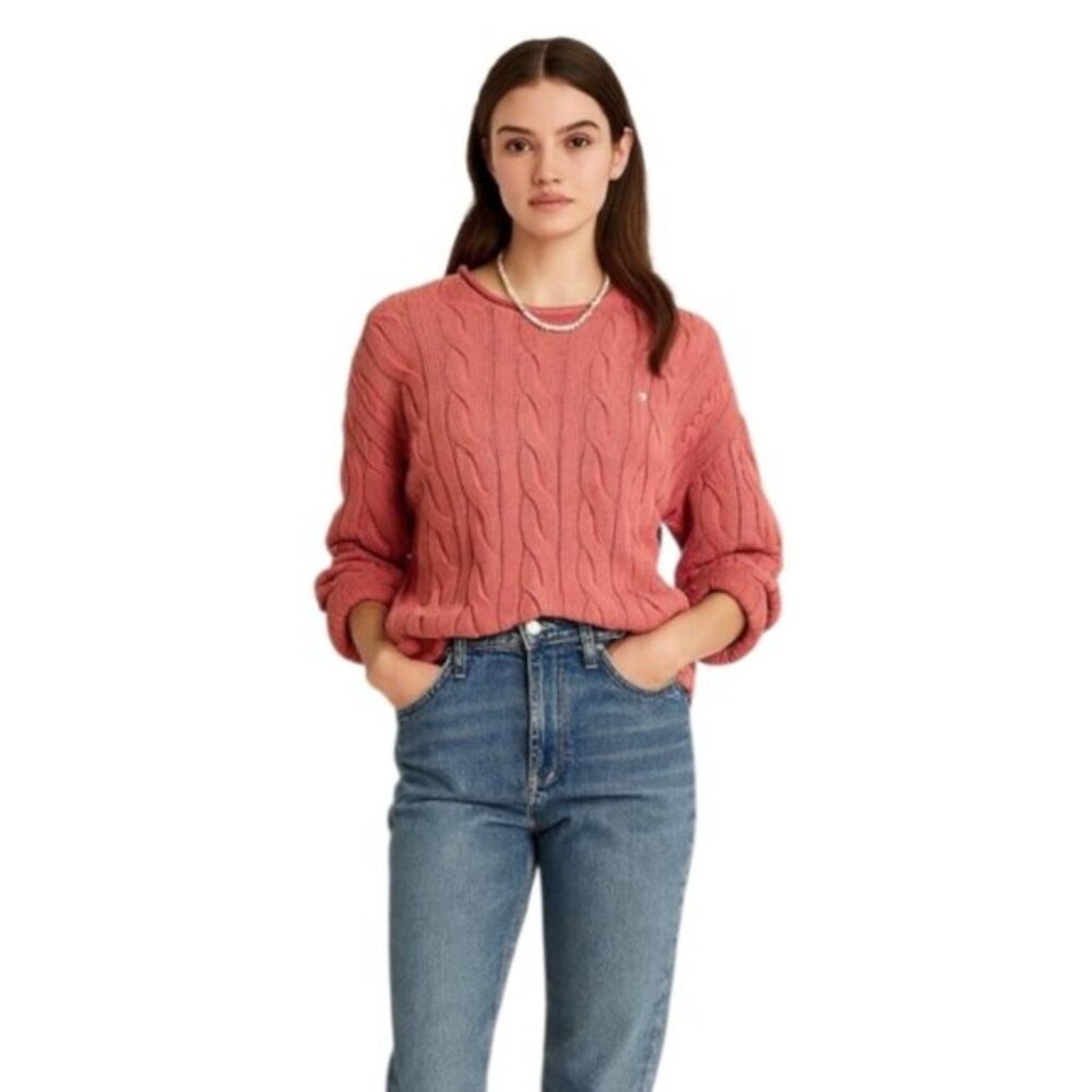 Ralph Lauren Ash Wash Faded Vintage Pink Berry Cable Knit Crewneck Sweater